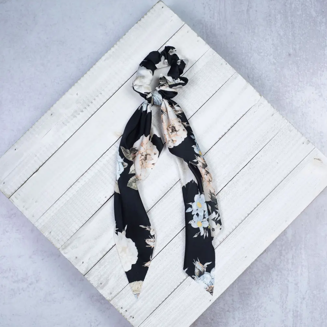Black Flower Pattern Scrunchie with tails