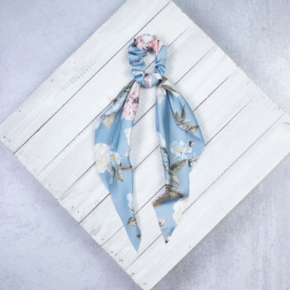 Light Blue flower scrunchie with tails