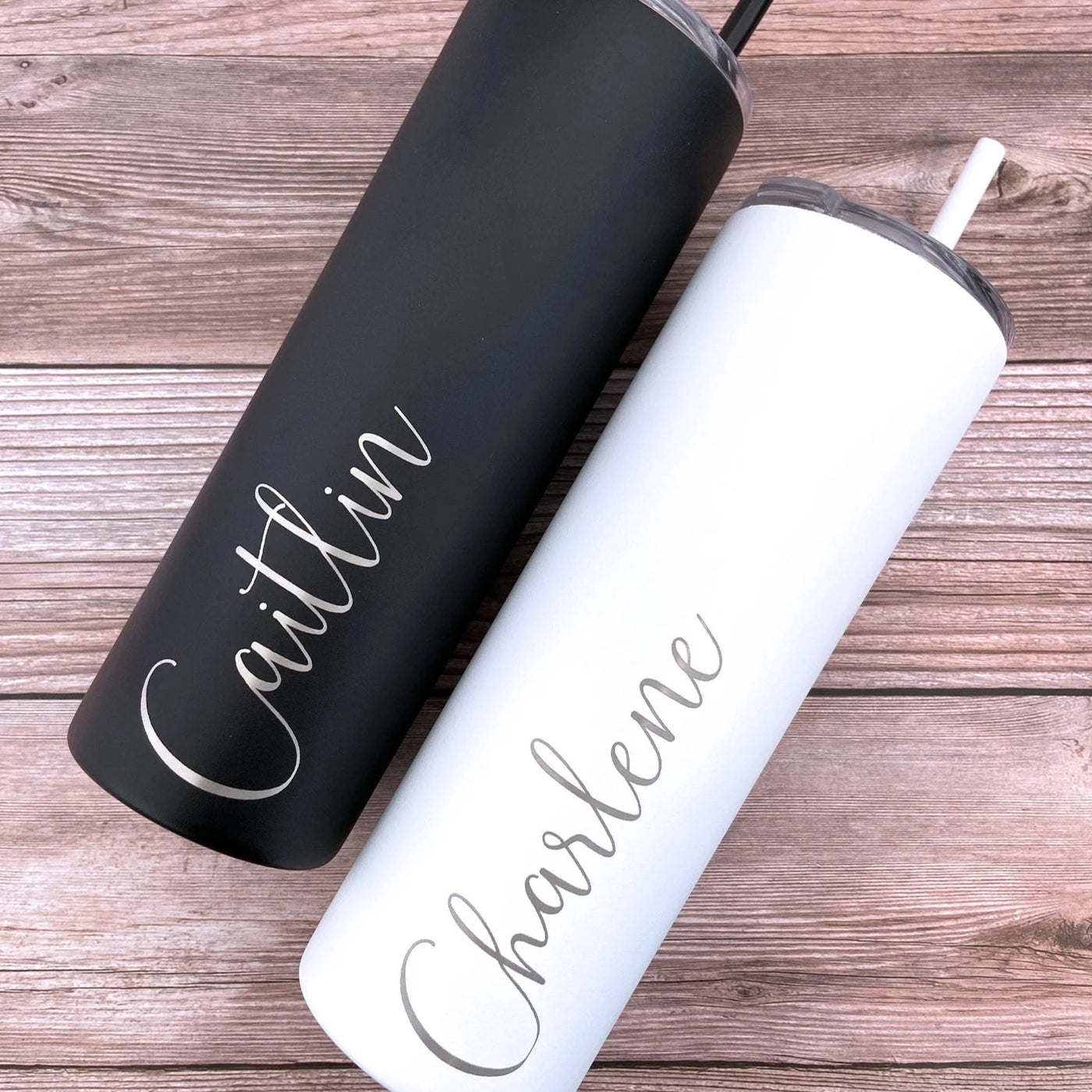Stainless steel water tumbler that can be engraved with a name. Comes in black or white.