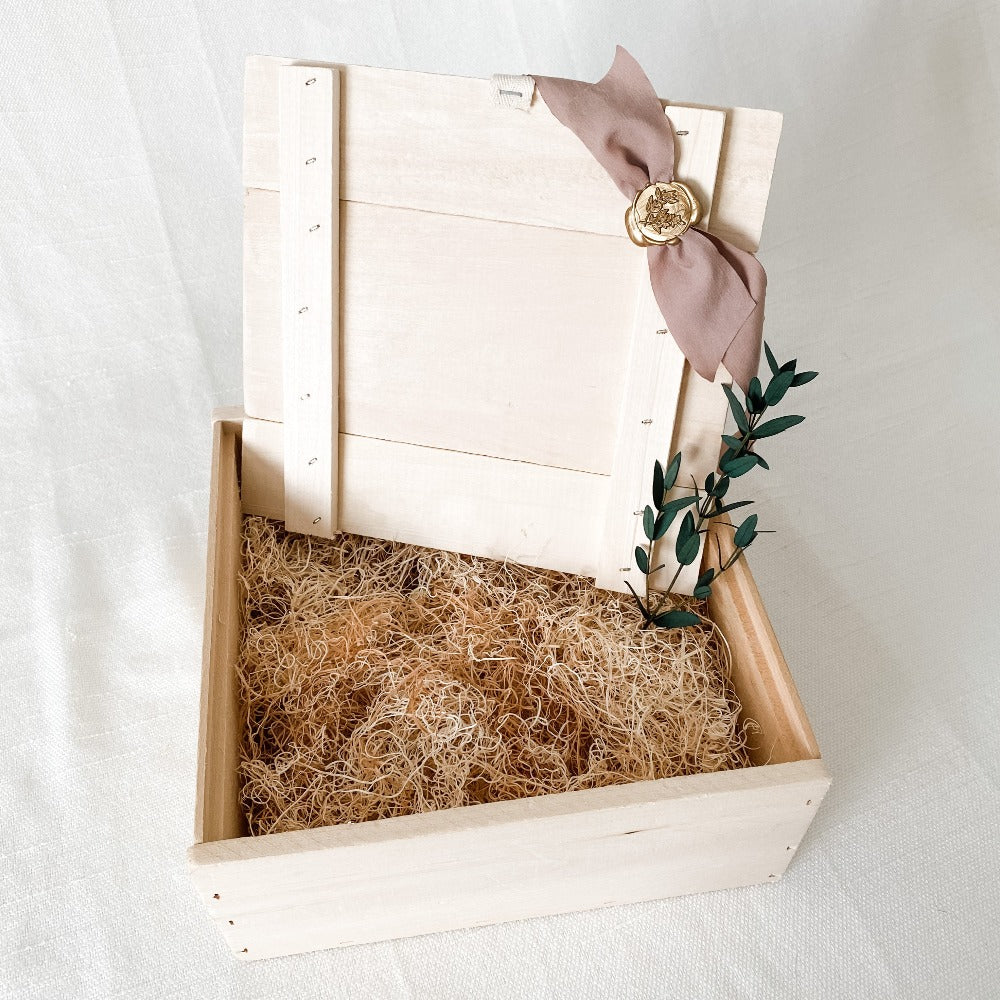 Girl Keepsake Wooden Box with custom engraving, ribbon, wax seal, greenery and a drop-in lid