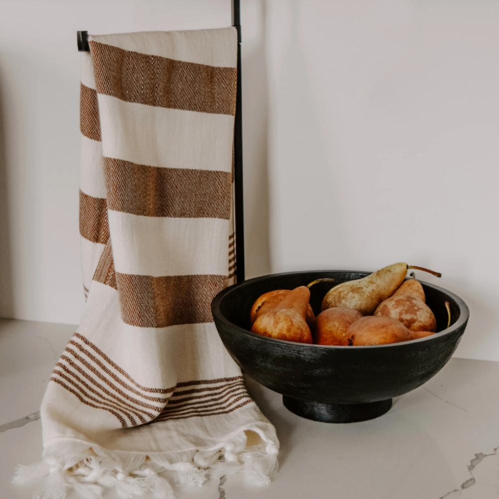 Cream & Brown striped kitchen towel with tassels from Sweet Water Decor